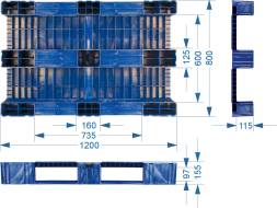 Паллет (поддон) пластиковый сплошной на 3-х полозьях, 1200x800х150 мм, синий  [1200800150-02]
