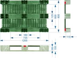 Паллет (поддон) пластиковый сплошной усиленный на 3-х полозьях, 1200x800х150 мм, синий [1200800150-00]