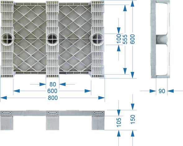 Паллет (поддон) пластиковый сплошной на 3-х полозьях, 800х600х150 мм, синий [TR 680]